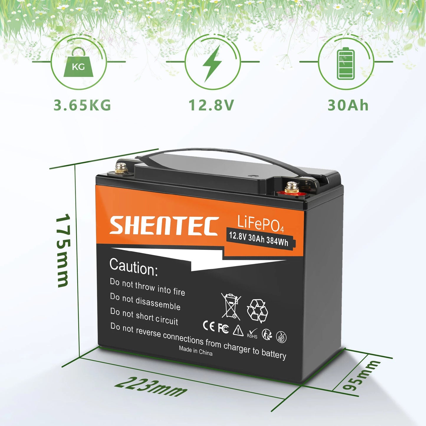 SHENTEC 12.8V 30AH Litowo-Żelazowo-Fosforanowy Akumulator LiFePO4 Do Domu, Kampera, Łodzi, Zasilania Awaryjnego