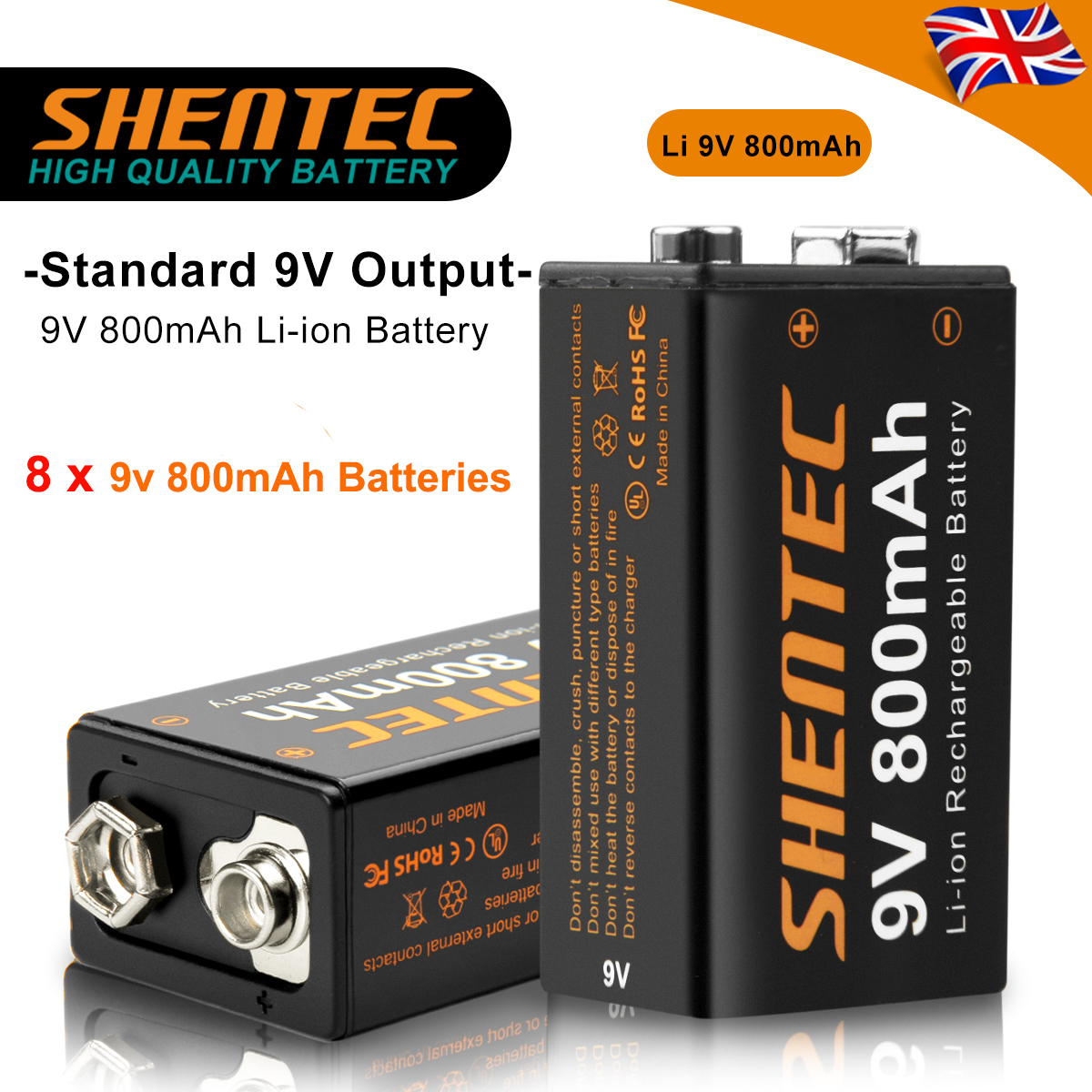 SHENTEC Opakowanie 8 baterii 9V 800mAh litowych ładowalnych 6F22 PP3 LR22 MN1604