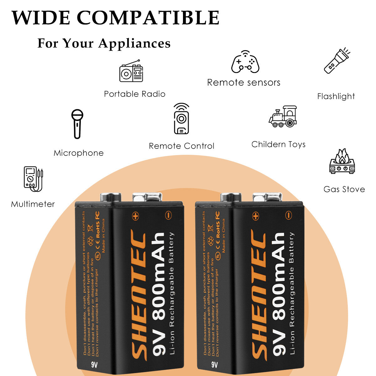 SHENTEC Opakowanie 8 baterii 9V 800mAh litowych ładowalnych 6F22 PP3 LR22 MN1604