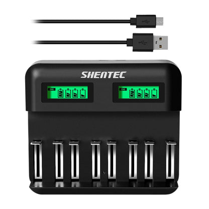 SHENTEC 8-kieszeniowa ładowarka akumulatorów 9V, AA, AAA, C, D Ni-MH — inteligentna, wielokrotnego ładowania