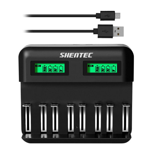 SHENTEC 8-kieszeniowa ładowarka akumulatorów 9V, AA, AAA, C, D Ni-MH — inteligentna, wielokrotnego ładowania