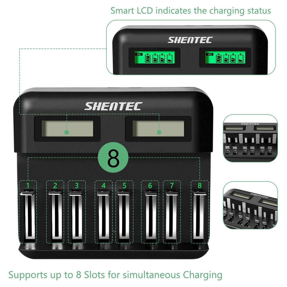 SHENTEC 8-kieszeniowa ładowarka akumulatorów 9V, AA, AAA, C, D Ni-MH — inteligentna, wielokrotnego ładowania