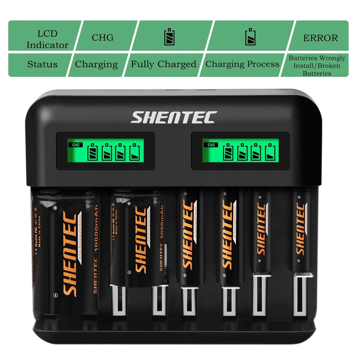 SHENTEC 8-kieszeniowa ładowarka akumulatorów 9V, AA, AAA, C, D Ni-MH — inteligentna, wielokrotnego ładowania