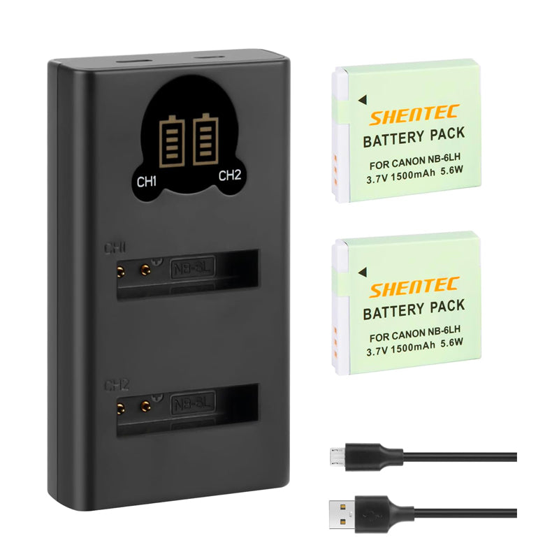 SHENTEC Akumulator NB-6L, NB-6LH + Ładowarka USB z LCD do Canon PowerShot