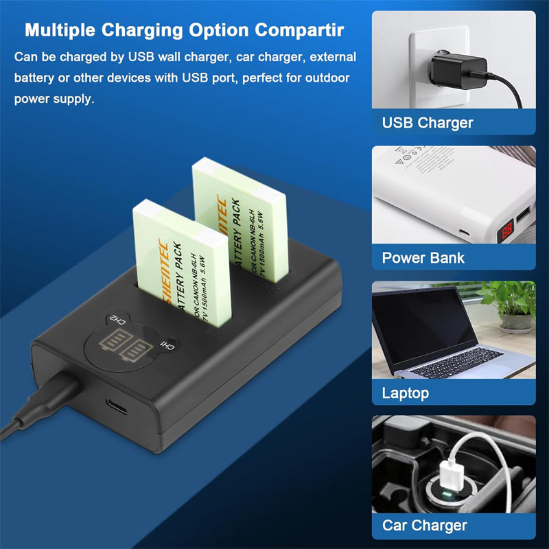 SHENTEC Akumulator NB-6L, NB-6LH + Ładowarka USB z LCD do Canon PowerShot