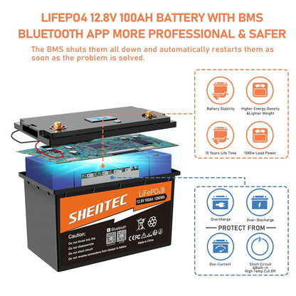 SHENTEC 12V 100Ah LiFePO4 Akumulator Z Bluetooth I 100A BMS Do Łodzi, Silnika I Kampera