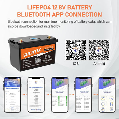 SHENTEC 12V 100Ah LiFePO4 Akumulator Z Bluetooth I 100A BMS Do Łodzi, Silnika I Kampera