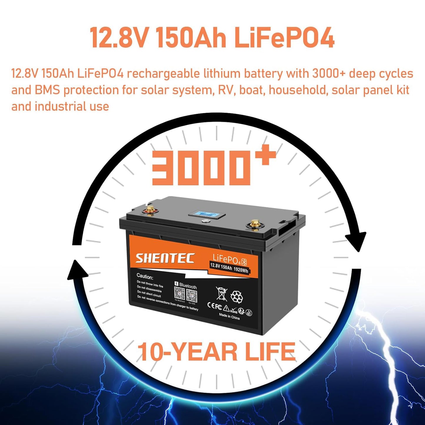 SHENTEC 12.8V 150Ah Akumulator LiFePO4 z Bluetooth do Kampera, Łodzi i RV