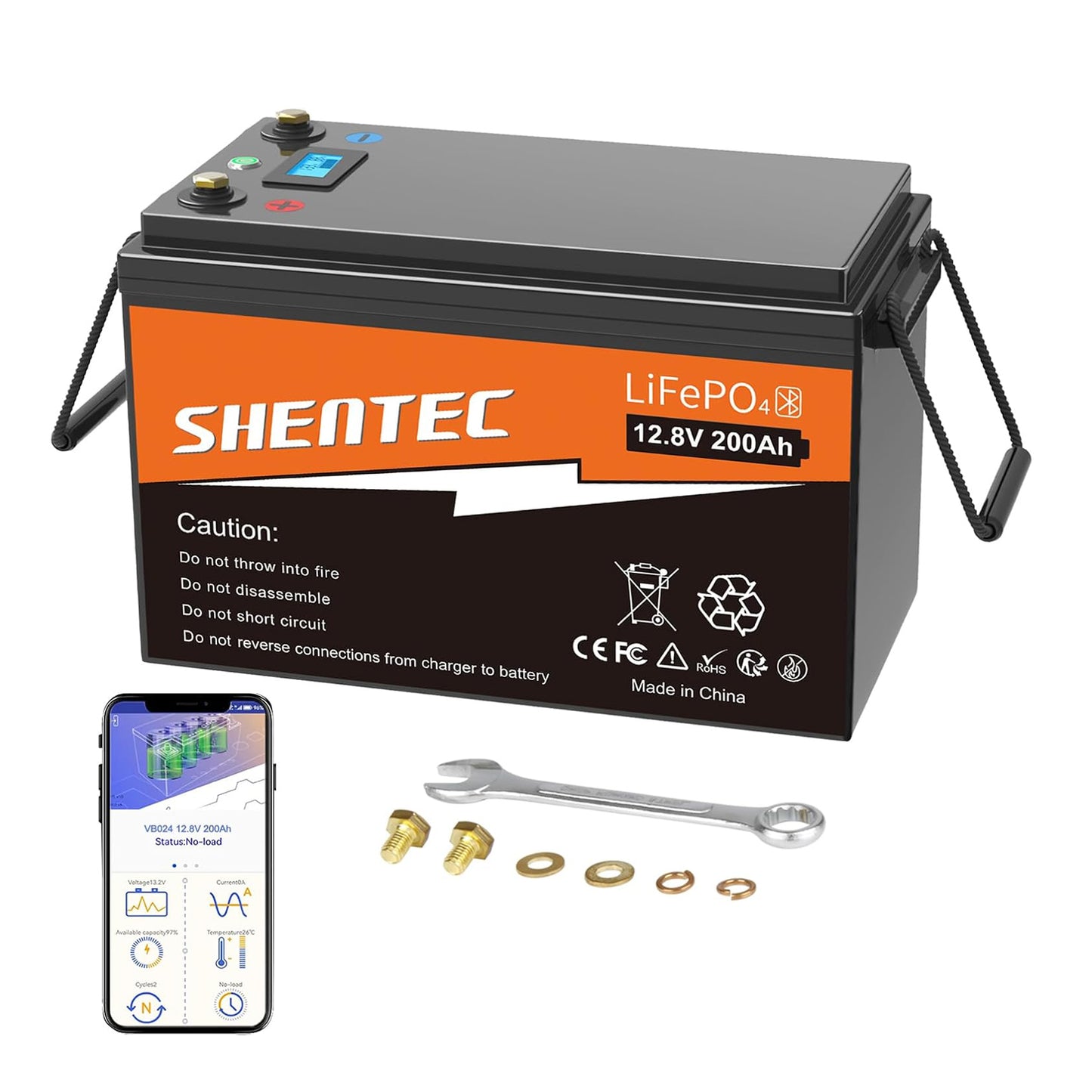 SHENTEC LiFePO4 200Ah 12V akumulator litowy z BMS, wyświetlaczem LED i przyciskiem przełącznika