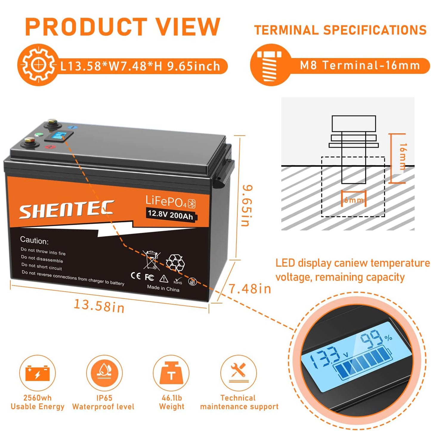 SHENTEC LiFePO4 200Ah 12V akumulator litowy z BMS, wyświetlaczem LED i przyciskiem przełącznika