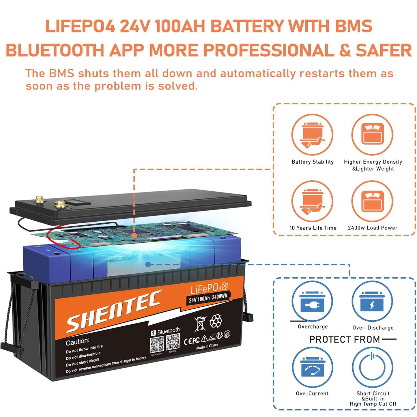 SHENTEC 24V 100Ah Akumulator LiFePO4 z Bluetooth BMS do kampera RV
