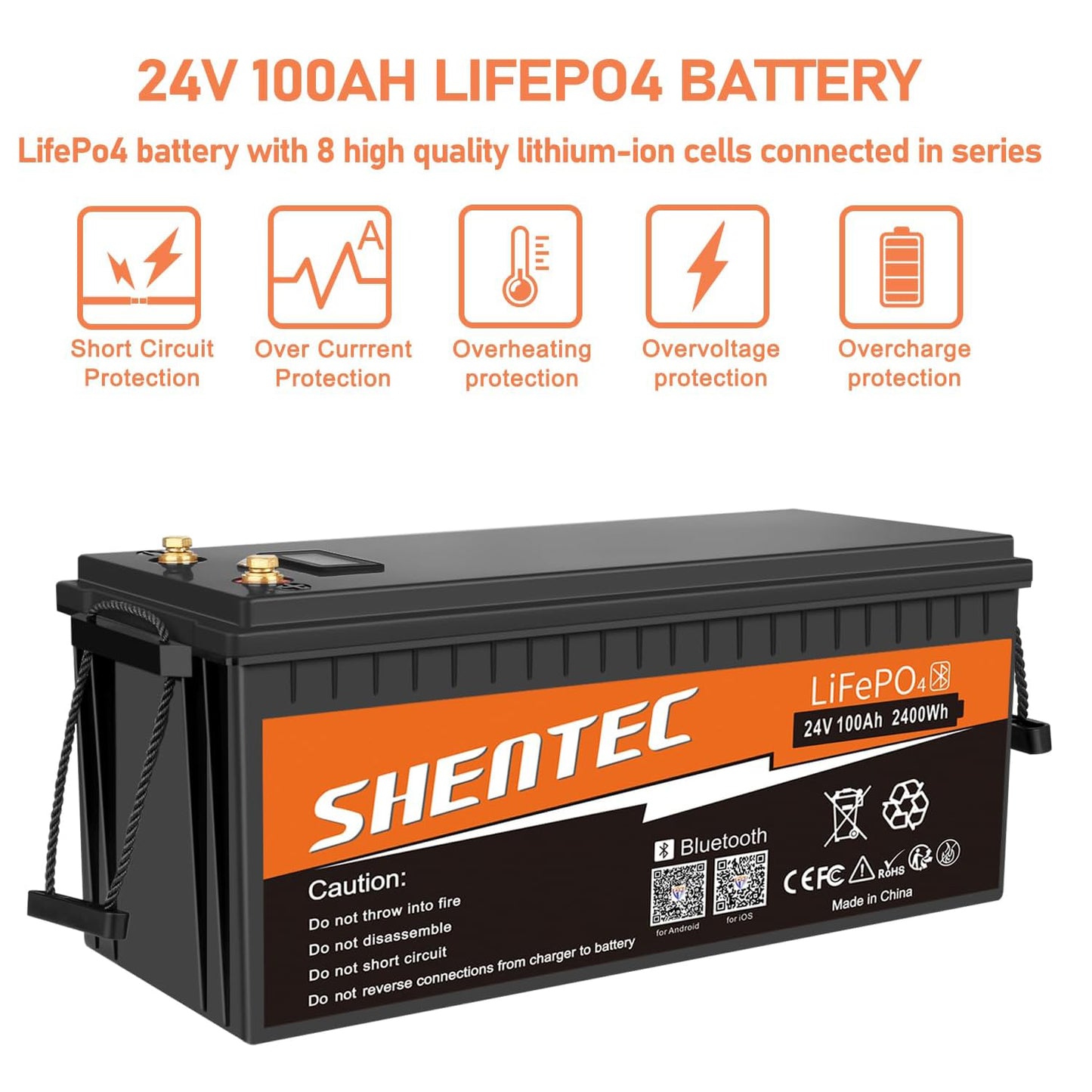 SHENTEC 24V 100Ah Akumulator LiFePO4 z Bluetooth BMS do kampera RV