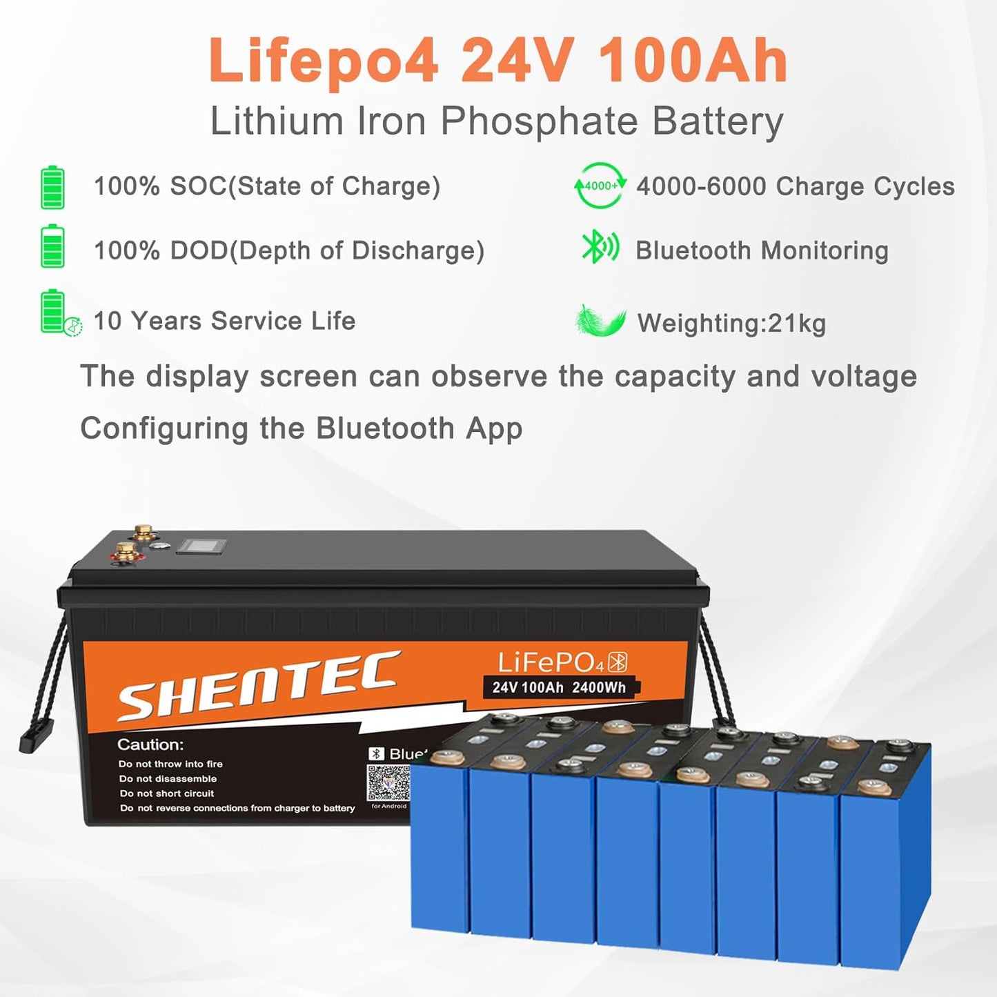 SHENTEC 24V 100Ah Akumulator LiFePO4 z Bluetooth BMS do kampera RV