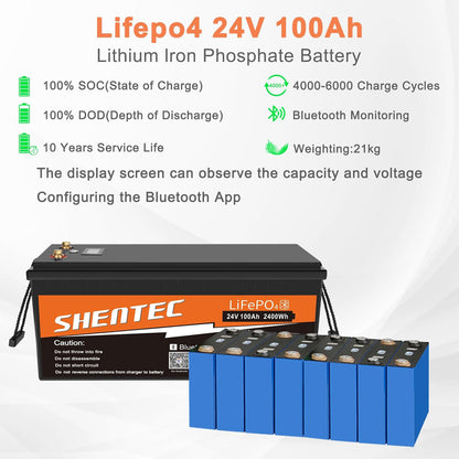 SHENTEC 24V 100Ah Akumulator LiFePO4 z Bluetooth BMS do kampera RV