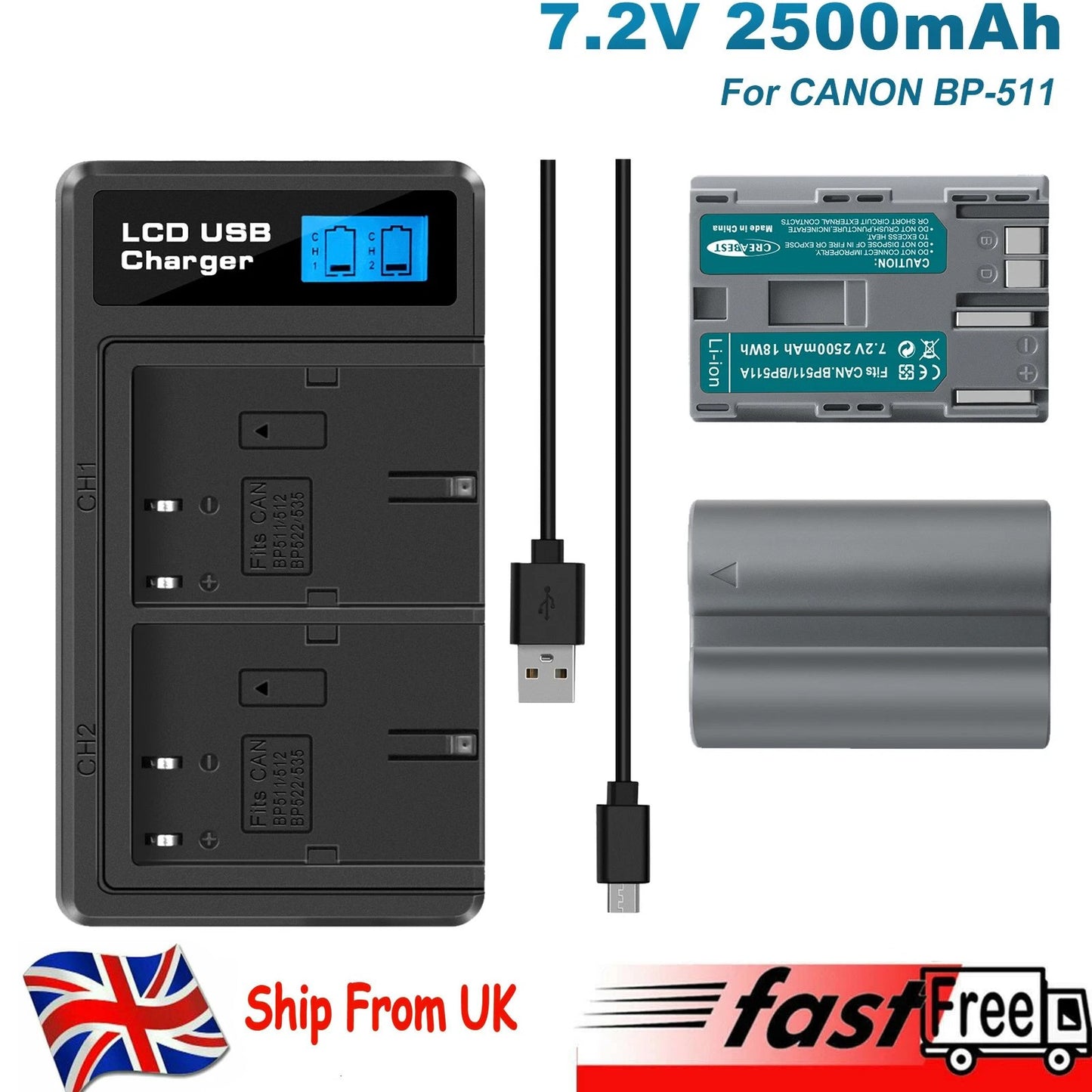2x akumulator BP-511 i podwójna ładowarka z LCD do Canon EOS 40D 50D BP-511A 300D 20D 30D