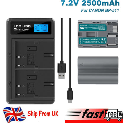 2x akumulator BP-511 i podwójna ładowarka z LCD do Canon EOS 40D 50D BP-511A 300D 20D 30D