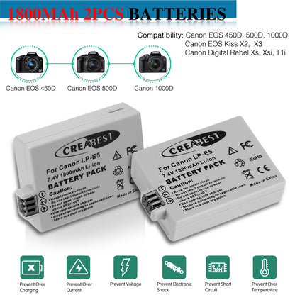 2× Akumulator LP-E5 1800mAh do Canon EOS 450D 500D 1000D Rebel T1i Xs Kiss X3 X2