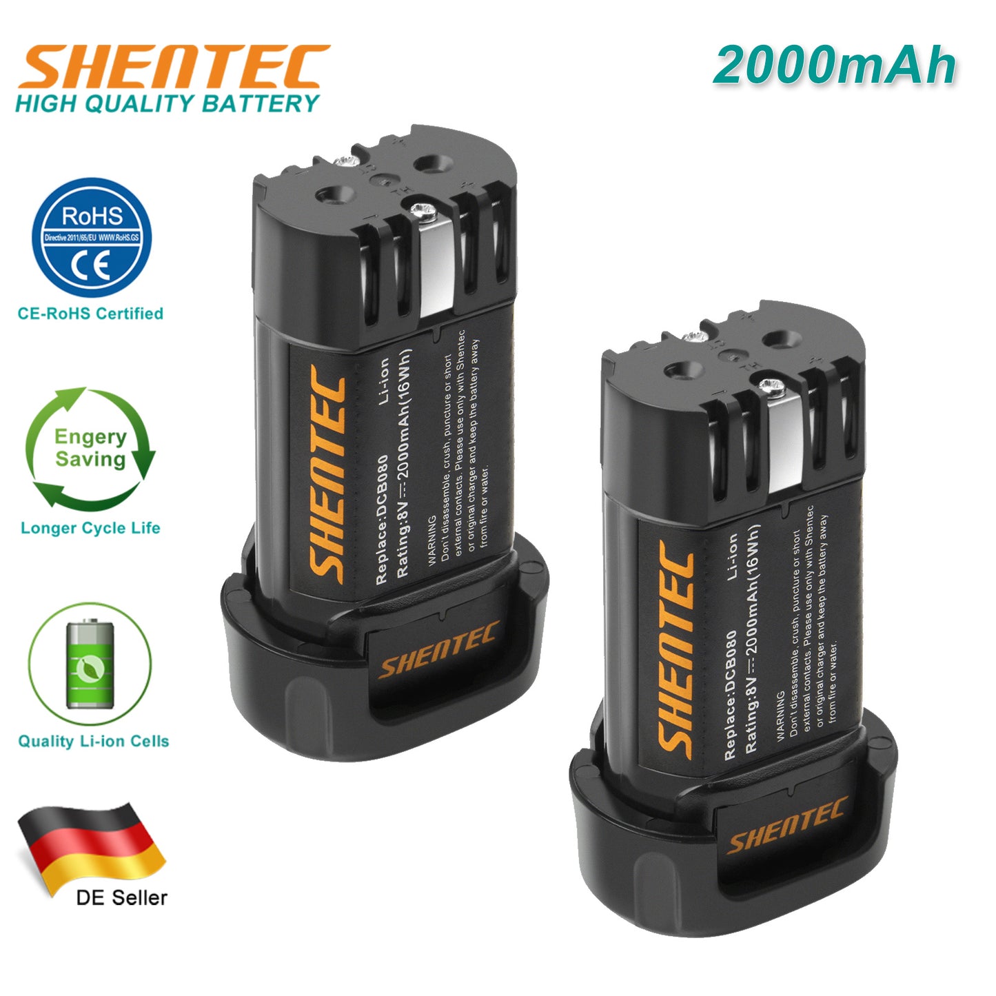 SHENTEC Opakowanie 2 szt. 2000mAh 8-Volt Bateria Zapasowa Kompatybilna z DEWALT