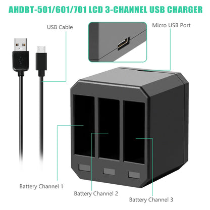 3 Szt. Akumulatory AHDBT-501 601 701 Do GoPro HERO 7/6/5 Black + Potrójna Ładowarka