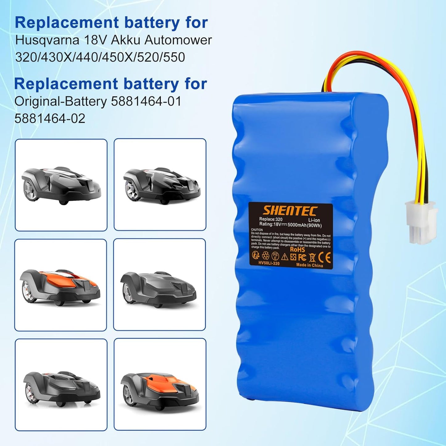 SHENTEC akumulator Li-ion 18V 5000mAh do Husqvarna Automower 320/430X/440/450X/520/550 589 58 52-01/589 58 57-01/588 14 64-01/588 14 64-02