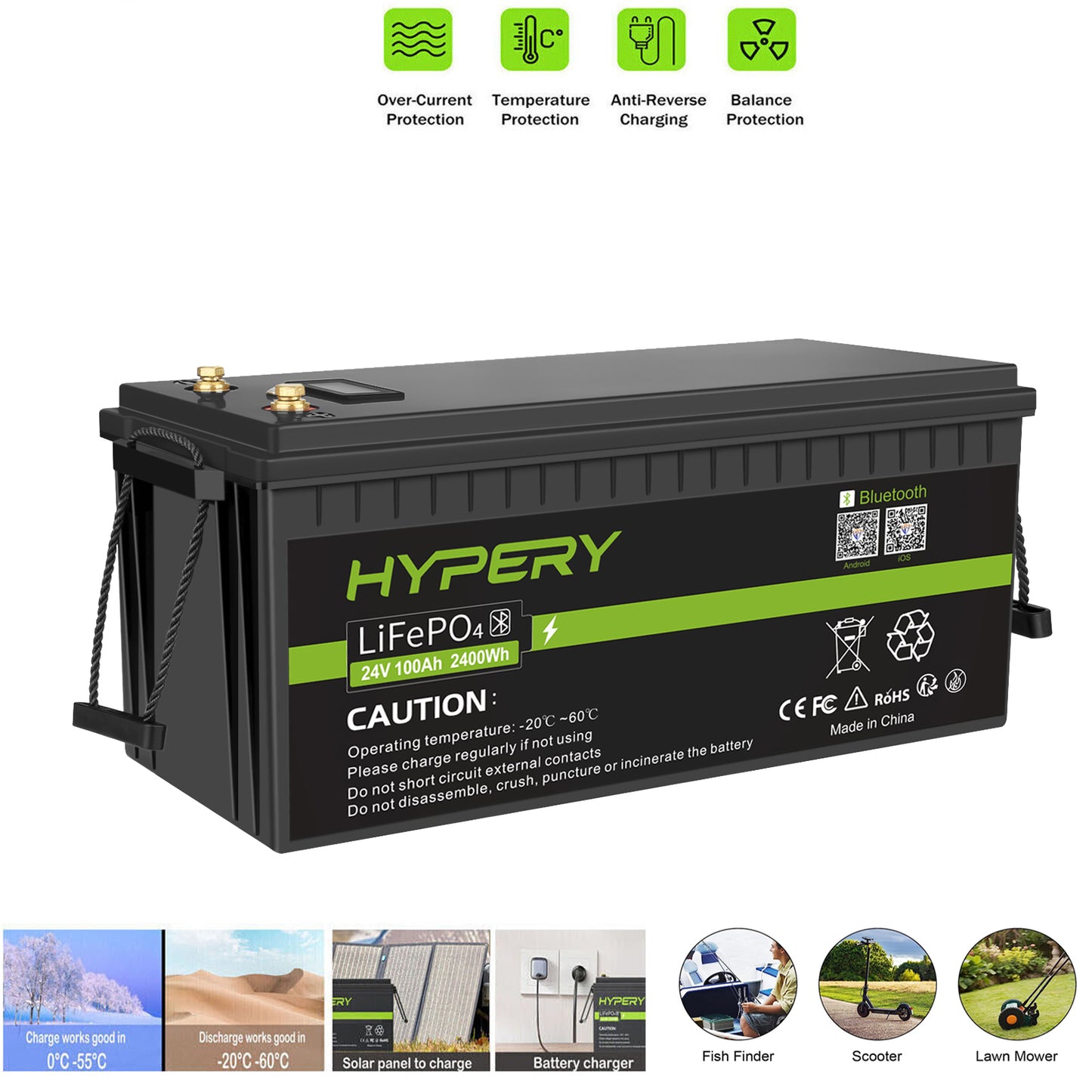 24V 100Ah LiFePO4 Lithium Battery BMS Deep Cycle Bluetooth LCD For Off-Grid Solar RV