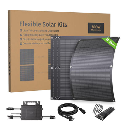 Balkonowa elektrownia 800 W z elastycznym zestawem solarnym: 4 x 200 W elastyczne panele słoneczne i falownik 800 W, plug and play z 5 m kablem AC