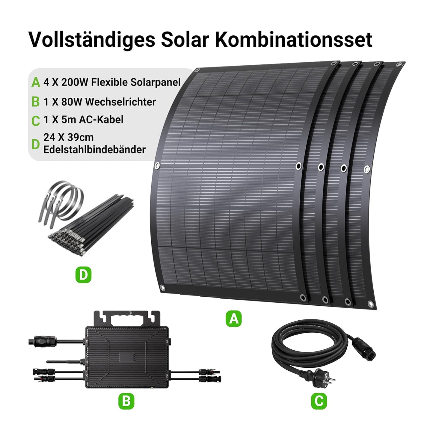 Balkonowa elektrownia 800 W z elastycznym zestawem solarnym: 4 x 200 W elastyczne panele słoneczne i falownik 800 W, plug and play z 5 m kablem AC