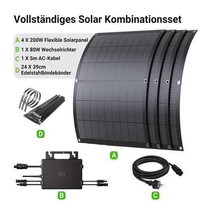Balkonowa elektrownia 800 W z elastycznym zestawem solarnym: 4 x 200 W elastyczne panele słoneczne i falownik 800 W, plug and play z 5 m kablem AC