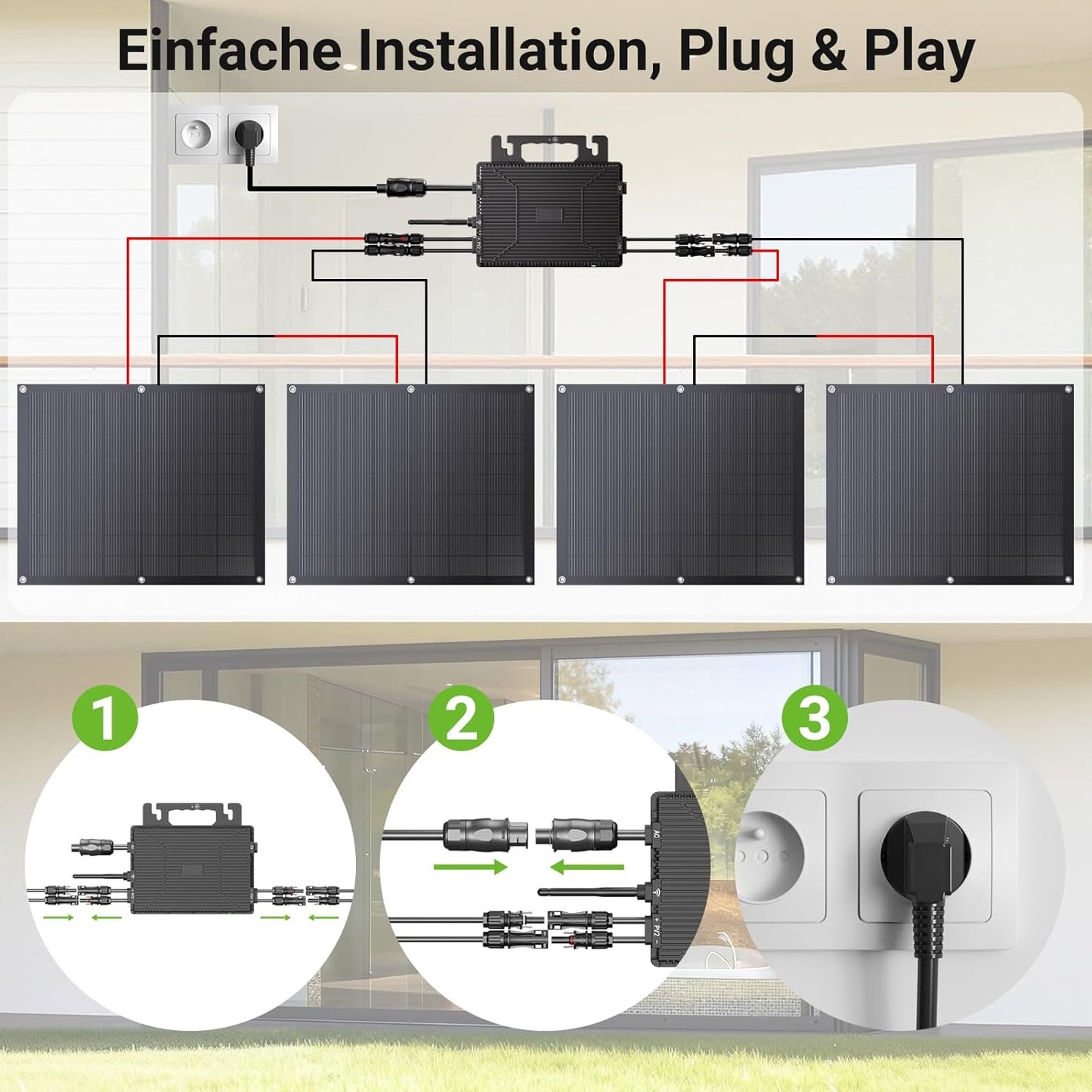 Balkonowa elektrownia 800 W z elastycznym zestawem solarnym: 4 x 200 W elastyczne panele słoneczne i falownik 800 W, plug and play z 5 m kablem AC