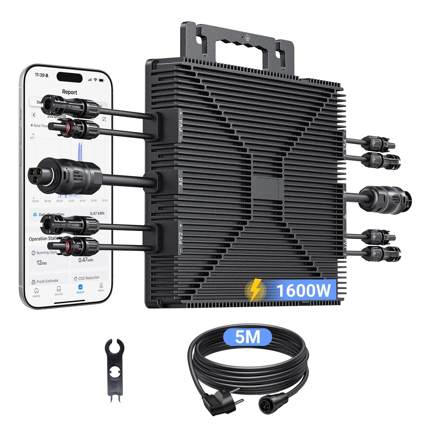 Mikroinwerter 1600 W, balkonowa stacja zasilania z WiFi, Plug & Play, sterowanie aplikacją, kabel AC 5 m, inwerter PV
