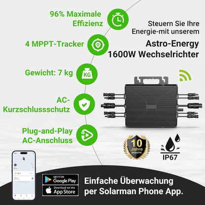 Mikroinwerter 1600 W, balkonowa stacja zasilania z WiFi, Plug & Play, sterowanie aplikacją, kabel AC 5 m, inwerter PV