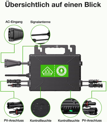 Mikroinwerter 800 W, balkonowa stacja zasilania z WiFi, Plug & Play, sterowanie aplikacją, kabel AC 5 m, inwerter PV