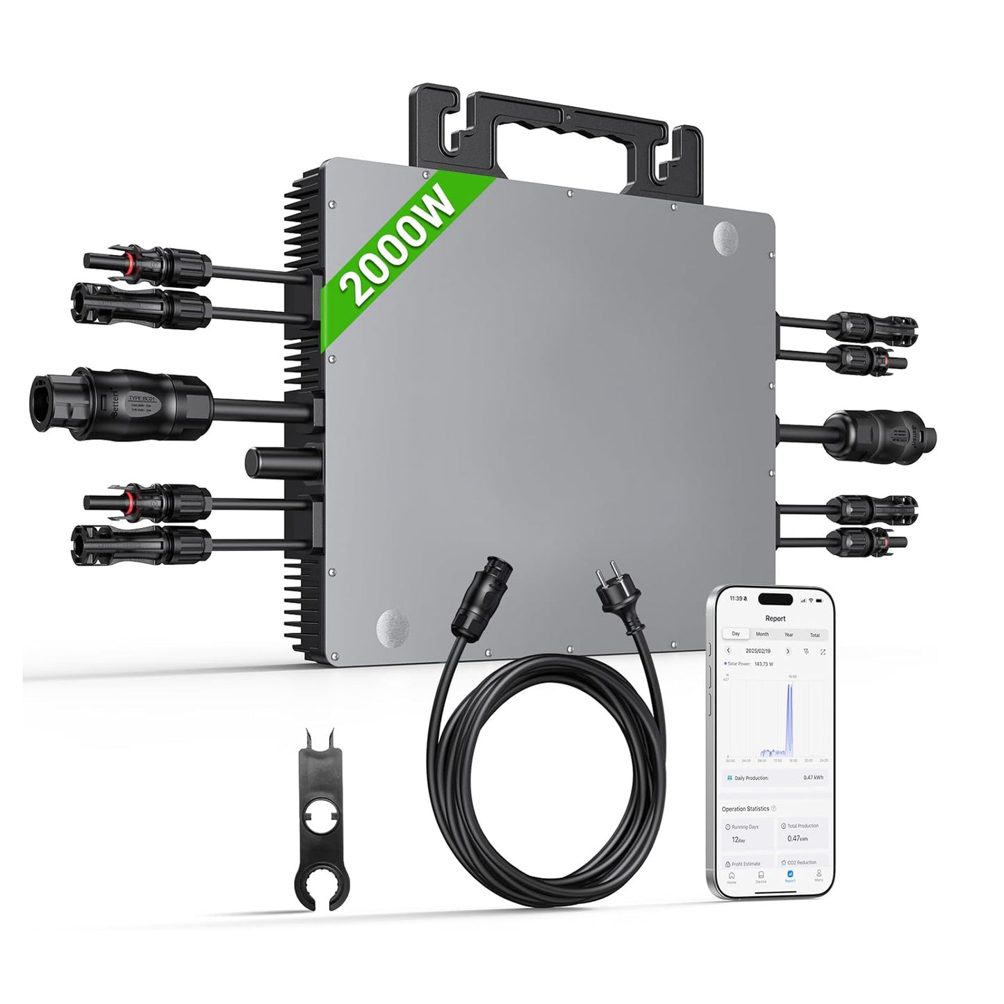 Microinwerter 2000 W, balkonowa elektrownia z WiFi, Plug & Play, sterowanie aplikacją, kabel AC 5 m, inwerter PV
