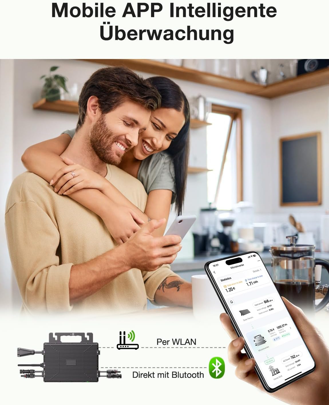 Mikroinwerter 800 W, balkonowa stacja zasilania z WiFi, Plug & Play, sterowanie aplikacją, kabel AC 5 m, inwerter PV