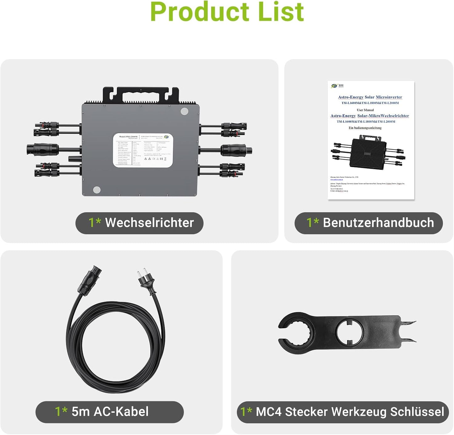 Microinwerter 2000 W, balkonowa elektrownia z WiFi, Plug & Play, sterowanie aplikacją, kabel AC 5 m, inwerter PV
