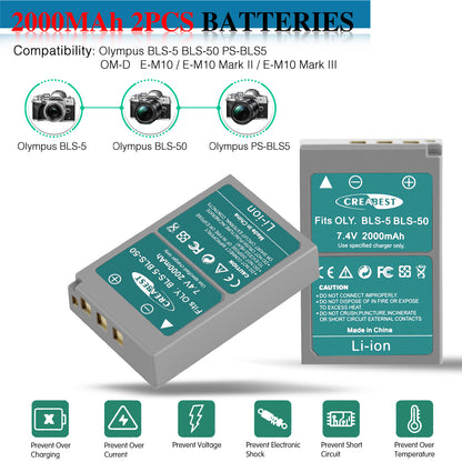 2x BLS-5 BLS-50 PS-BLS5 2000mAh Bateria Do Aparatu + Podwójna Ładowarka Do Olympus PEN