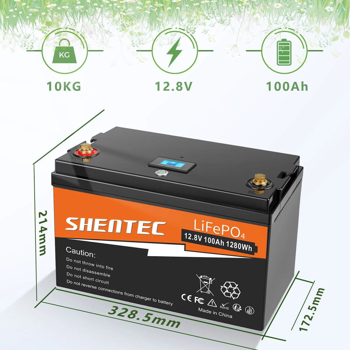 SHENTEC 12 V 100 Ah Akumulator LiFePO4 z Wyświetlaczem LED i Wbudowanym BMS 100 A do Zasilania Awaryjnego
