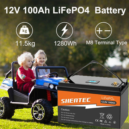 SHENTEC 12 V 100 Ah Akumulator LiFePO4 z Wyświetlaczem LED i Wbudowanym BMS 100 A do Zasilania Awaryjnego