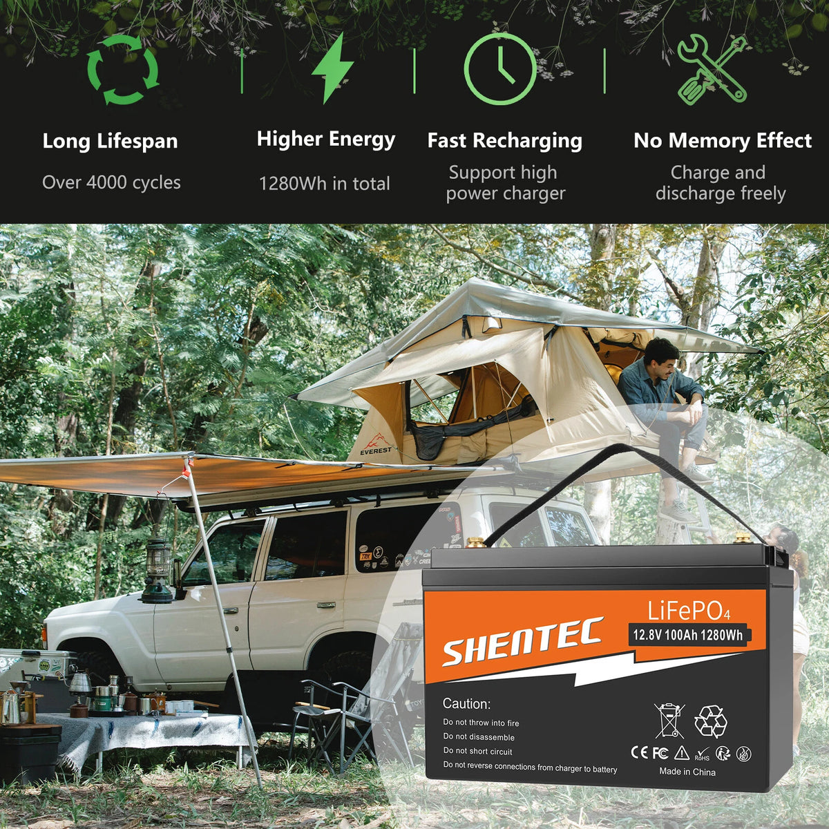SHENTEC 12 V 100 Ah Akumulator LiFePO4 z Wyświetlaczem LED i Wbudowanym BMS 100 A do Zasilania Awaryjnego