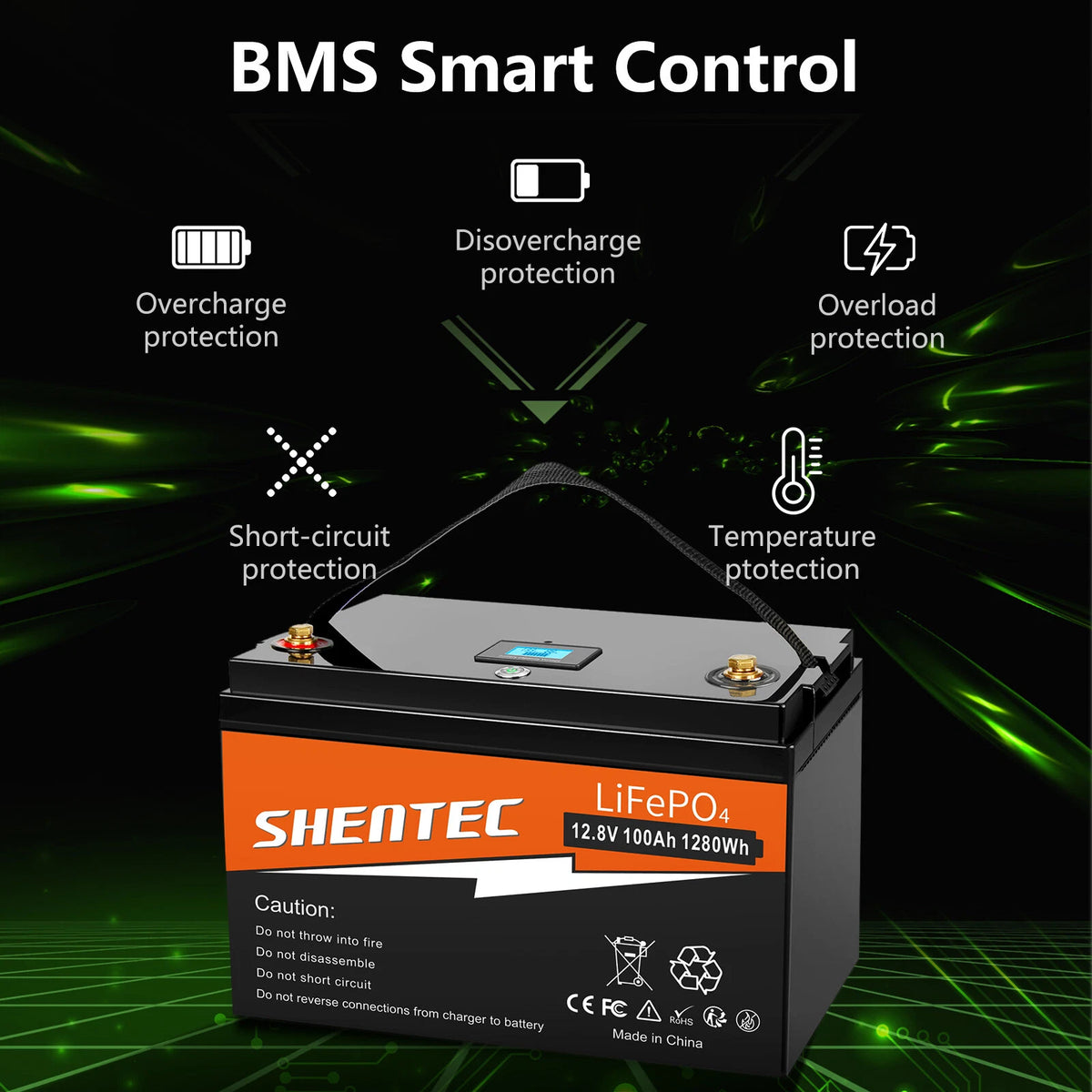 SHENTEC 12 V 100 Ah Akumulator LiFePO4 z Wyświetlaczem LED i Wbudowanym BMS 100 A do Zasilania Awaryjnego