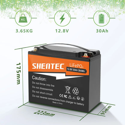 SHENTEC 12.8V 30AH Litowo-Żelazowo-Fosforanowy Akumulator LiFePO4 Do Domu, Kampera, Łodzi, Zasilania Awaryjnego