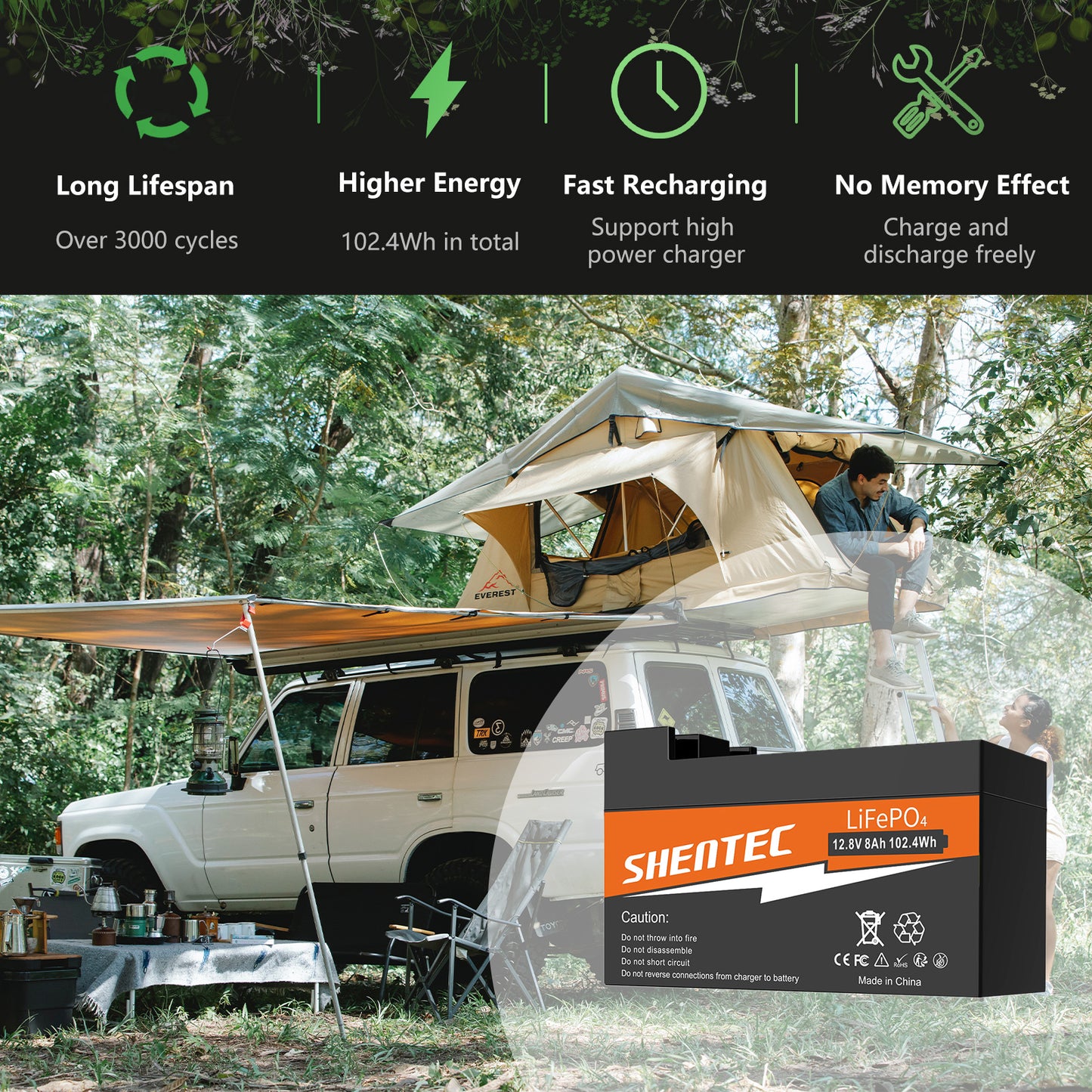 Akumulator SHENTEC 8Ah 12.8V LiFePO4 z BMS do łodzi, kampera, systemów solarnych, przyczep kempingowych, camperów off-grid i wózków golfowych